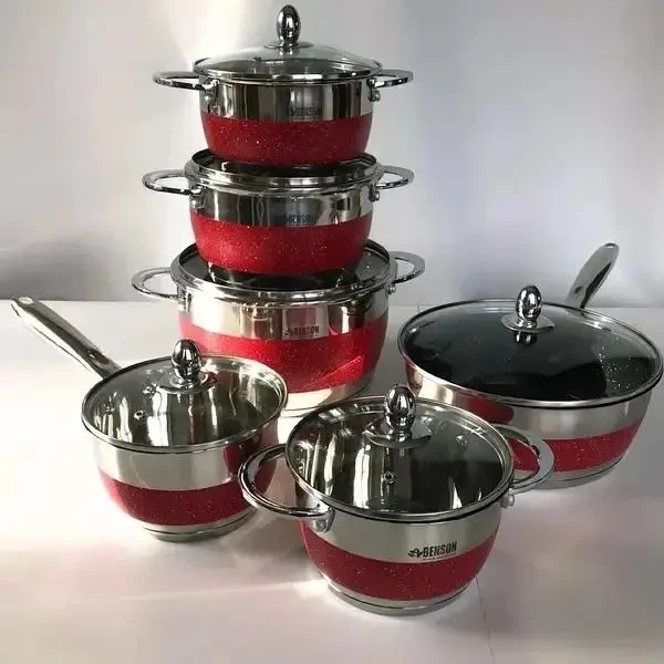Набор посуды Benson BN-294 из нержавеющей стали 12 предметов – со сковородой с мраморным покрытием и жаропрочными крышками - Фото 1 Набор посуды Benson BN-294 из нержавеющей стали 12 предметов – со сковородой с мраморным покрытием и жаропрочными крышками - изображение 1