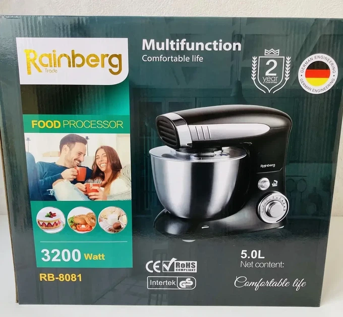Кухонный комбайн Rainberg RB-8081, 1500 Вт, чаша 5 л из нержавейки, миксер-тестомес, 5 скоростей, 3 насадки, черный - изображение 4