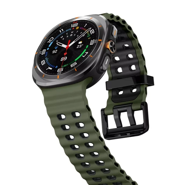 Перфорований ремінець broband Classic Color для Samsung Galaxy Watch Ultra – зелено-чорний (силікон) - Фото 4 Перфорований ремінець broband Classic Color для Samsung Galaxy Watch Ultra – зелено-чорний (силікон) - зображення 4