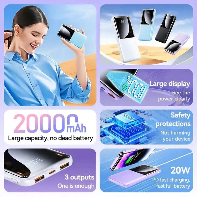 Павербанк Remax RPP-623 20000 mAh 22.5W 2USB/1Type-C Портативный внешний аккумулятор PowerBank с быстрой зарядкой Black - изображение 5