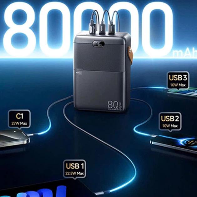 Павербанк Remax RPP-118 80000 mAh 27W 3USB/Type-C Портативний зовнішній акумулятор Power Bank зі швидкою зарядкою PD27W+QC22.5W та ліхтариком Black - зображення 2