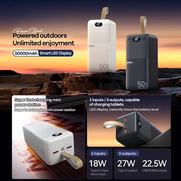 Павербанк Remax RPP-117 50000 mAh 27W 2USB/Type-C/Mirco Портативний зовнішній акумулятор Power Bank зі швидкою зарядкою PD27W+QC22.5W Black - зображення 4