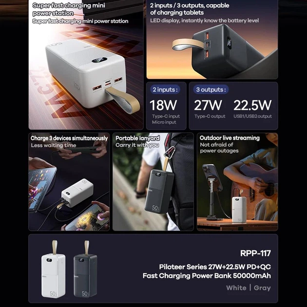 Павербанк Remax RPP-117 50000 mAh 27W 2USB/Type-C/Mirco Портативний зовнішній акумулятор Power Bank зі швидкою зарядкою PD27W+QC22.5W Black - зображення 5
