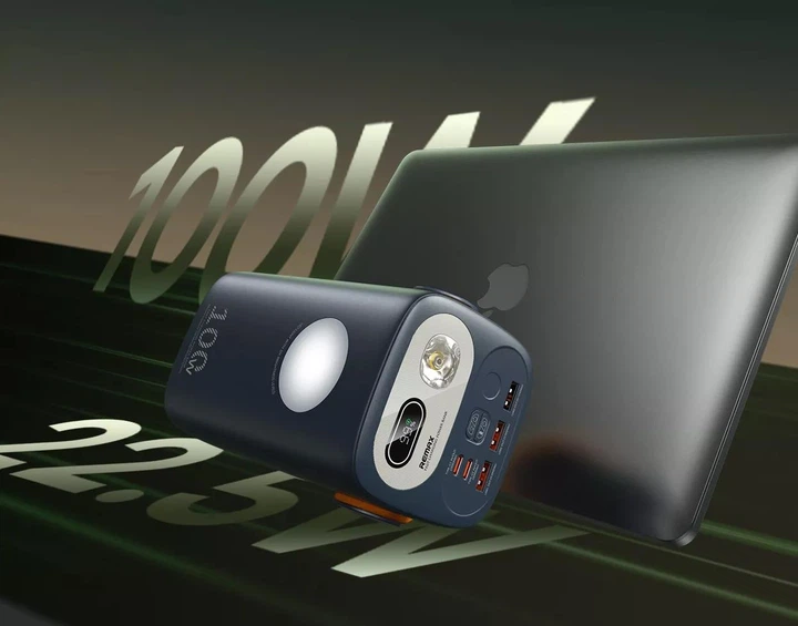Повербанк для ноутбука Remax RPP-100 60000 mAh 100W 3USB/2Type-C Портативний зовнішній акумулятор Power Bank зі швидкою зарядкою PD100W+QC22.5W та ліхтариком Blue - зображення 9