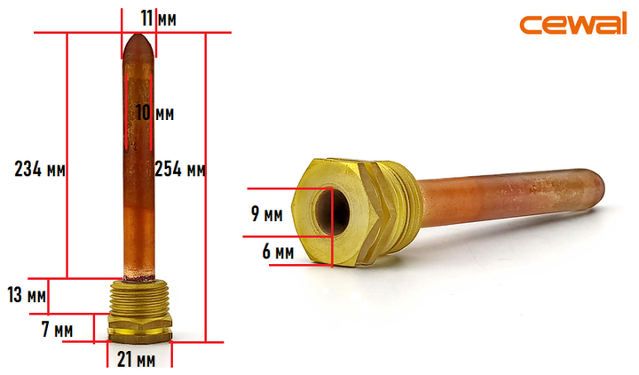 Мідна гільза Cewal для датчика температури 1/2", 10х11мм, L=250мм, один зонд - изображение 2