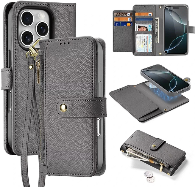 Etui z klapką DUX Ducis Lawa na Apple iPhone 16 Pro Max z odlaczanym portfelem magnetycznym Grey (6934913003008) - obraz 2
