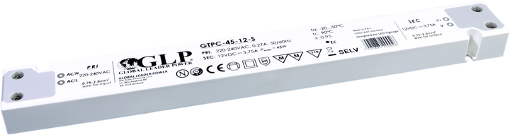 Zasilacz GLP plastic case, slim PSU: 12V/3.75A, CV, GTPC-45-12-S (5901885200026) - obraz 1