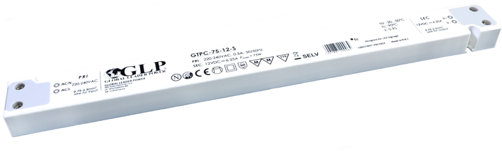Zasilacz GLP plastic case, slim PSU: 12V/6.25A, CV, GTPC-75-12-S (5901885200064) - obraz 1