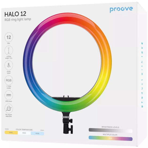 Кольцевая RGB LED лампа Proove Halo 12" с триподом и пультом, 17 режимов освещения, 1,6м штатив - изображение 5
