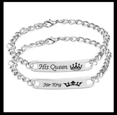 Парні браслети His Queen Her King для двох закоханих з короною із сталі срібний колір - зображення 2