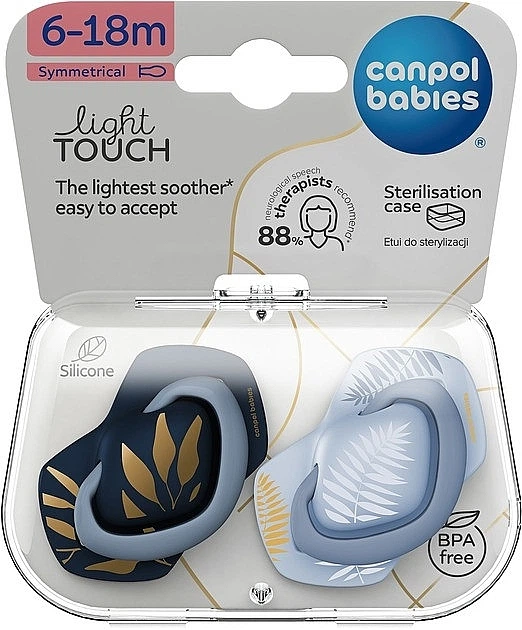 Пустышка силиконовая симметричная "Light Touch Gold", 6-18 мес, голубая, 2 шт. - Canpol Babies 2шт (1378860-31103062) - изображение 3