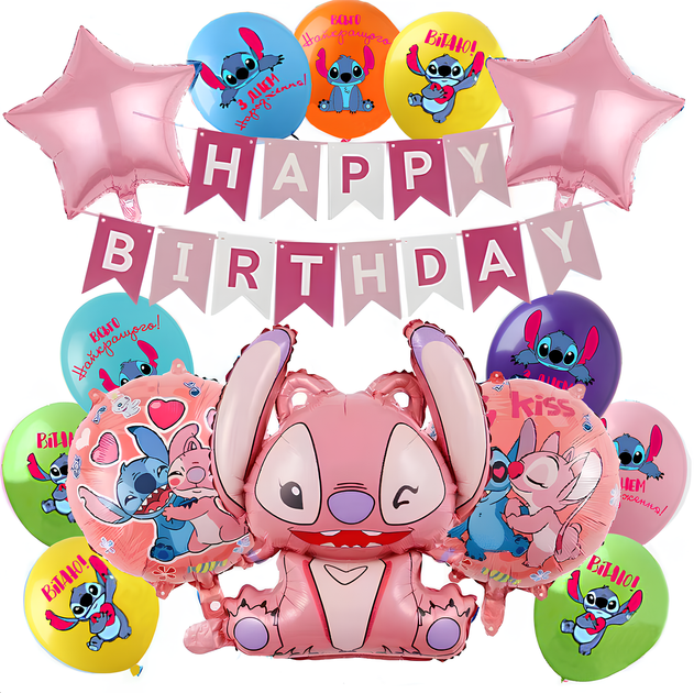 Фотозона Із Кульок Стіч Ейнджел Happy Birthday З Різнокольоровими Кульками (15 кульок) - Фото 1 Фотозона Із Кульок Стіч Ейнджел Happy Birthday З Різнокольоровими Кульками (15 кульок) - зображення 1