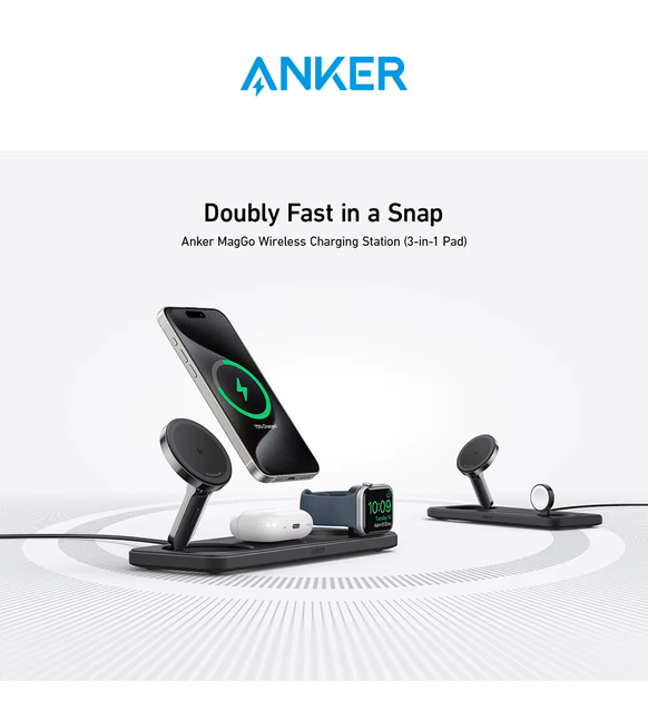 Зарядний пристрій Anker MagGo Foldable 3-in-1 Wireless Charging Stand Qi2 для iPhone чорний (2000145) - зображення 2