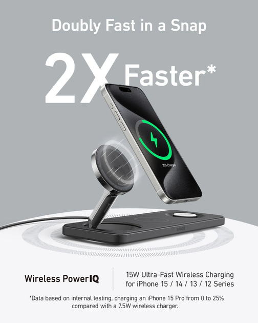 Зарядний пристрій Anker MagGo Foldable 3-in-1 Wireless Charging Stand Qi2 для iPhone чорний (2000145) - зображення 3