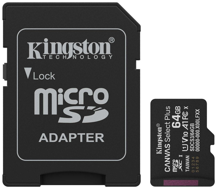 Karta pamięci Kingston Canvas Select Plus Gen3 microSDXC 64GB Class 10 UHS-I U1 V10 A1 + SD-adapter (SDCS3/64GB) - obraz 1