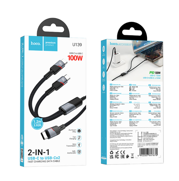 Кабель Hoco U139, 2в1, Type-C to 2хType-C, PD 100W, 1.2m, black - изображение 3