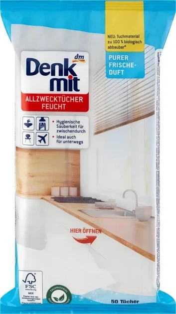 Вологі серветки для прибирання Denkmit Pure Frische універсальні 50 шт - Фото 1 Вологі серветки для прибирання Denkmit Pure Frische універсальні 50 шт - зображення 1