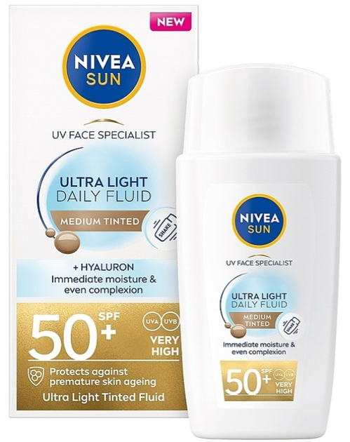 Fluid do twarzy przeciwsłoneczny Nivea Sun Ultra Light Daily Fluid Light Tinted SPF 50+ Medium Tinted 40 ml (4006000173009) - obraz 1