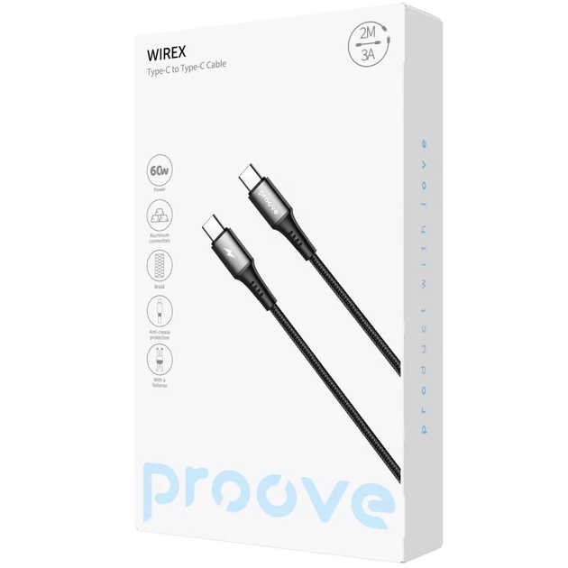 Кабель для зарядки Proove WireX Pro, Type-C to Type-C, 60W, длина 2 м, Черный (CCWX60002221) - Фото 2 Кабель для зарядки Proove WireX Pro, Type-C to Type-C, 60W, длина 2 м, Черный (CCWX60002221) - изображение 2
