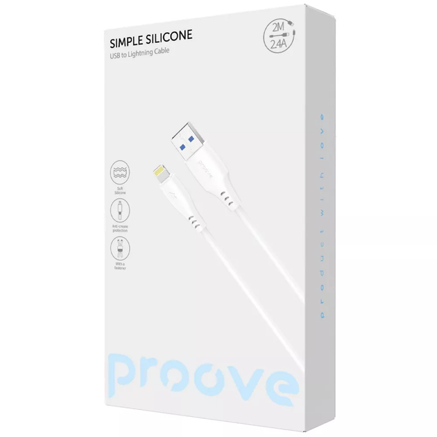 Кабель для зарядки Proove Simple Silicone, USB to Lightning, 2,4 А, длина 2 м, Белый (CCSS12001122) - изображение 2