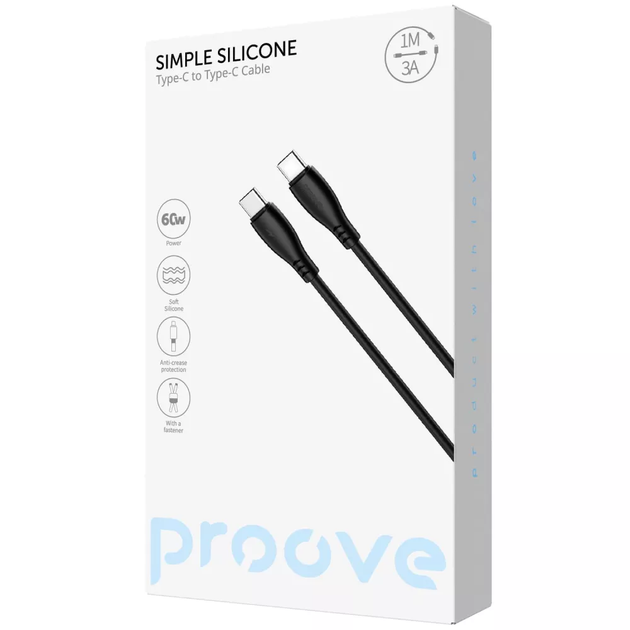 Кабель для зарядки Proove Simple Silicone, Type-C to Type-C, потужність 60W, довжина 1 м, Чорний (CCSI60002201) - Фото 2 Кабель для зарядки Proove Simple Silicone, Type-C to Type-C, потужність 60W, довжина 1 м, Чорний (CCSI60002201) - зображення 2