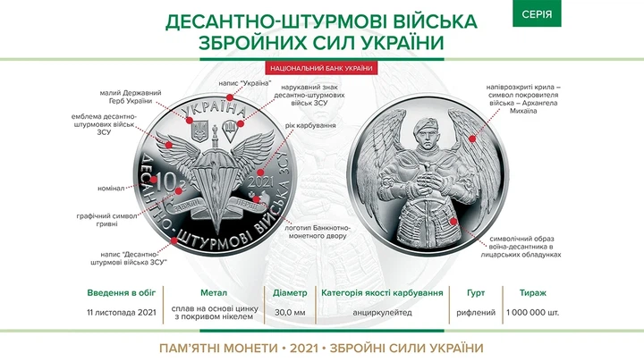 Памятная монета 10 гривен "Десантно-штурмовые войска Вооруженных сил Украины" серии ВСУ 2021 года - Фото 3 Памятная монета 10 гривен "Десантно-штурмовые войска Вооруженных сил Украины" серии ВСУ 2021 года - изображение 3