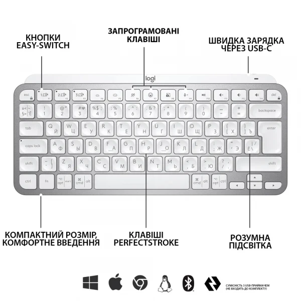 Клавиатура Logitech mx Keys Mini Minimalist Wireless Pale Grey (920-010499) - изображение 6