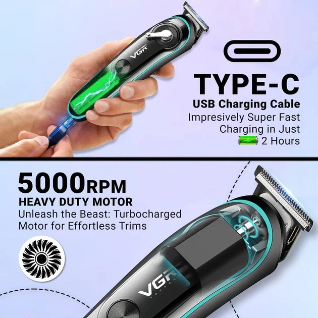 Акумуляторний триммер для стрижки волосся та бороди з USB та LED-дисплеєм VGR V-075 Pro Чорний + Олія для лез - изображение 6