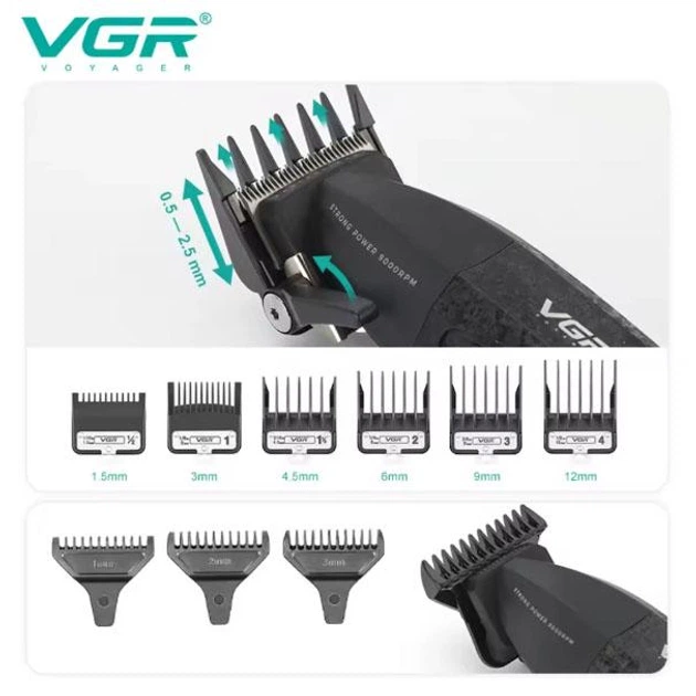Професійний набір для стрижки волосся 2 в 1 VGR V-640 машинка для стрижки та тример зі змінними насадками Black - Фото 4 Професійний набір для стрижки волосся 2 в 1 VGR V-640 машинка для стрижки та тример зі змінними насадками Black - изображение 4