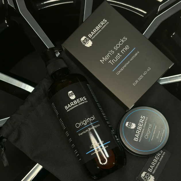 Подарунковий набір для чоловіків Barbers Caffeine & Lemongrass Шампунь для чоловіків для щоденного використання Original 400 мл + Бальзам для бороди Original 50 мл + Шкарпетки чоловічі Trust me (4823109407930) - изображение 5