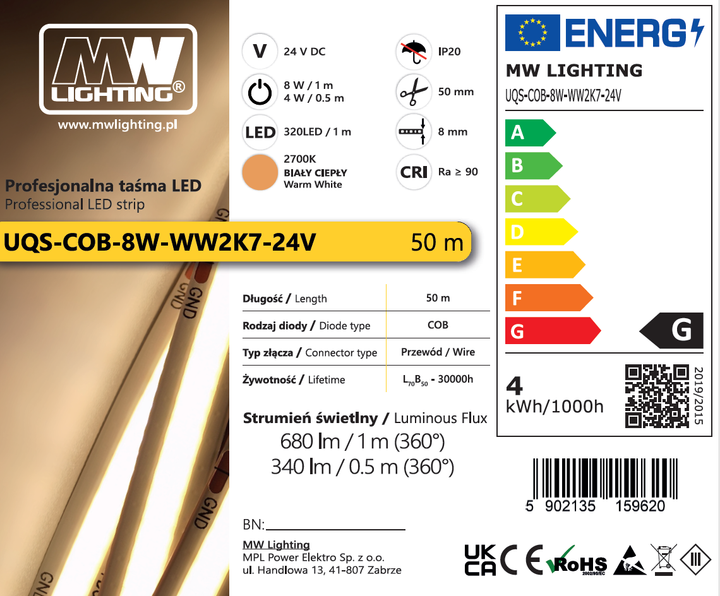 Profesjonalna tasma LED MW Lighting UQS COB 8 W/m 24V 320LED 2700K CRI90 IP20 50m (5902135159620) - obraz 4