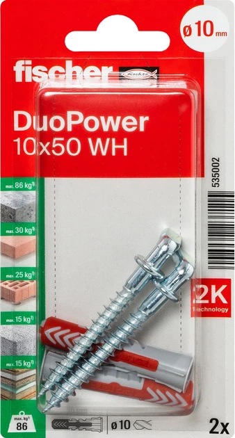 Дюбель Fischer DuoPower 10 х 50 мм WH с угловым крючком 2 шт (535002) - изображение 2