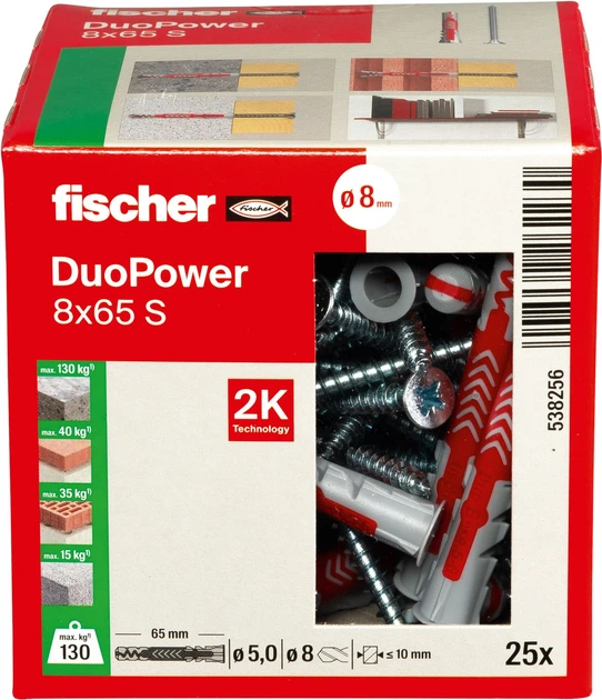 Дюбель Fischer DuoPower 538256 8 х 65 мм S із шурупом 25 шт (4048962262230) - зображення 4