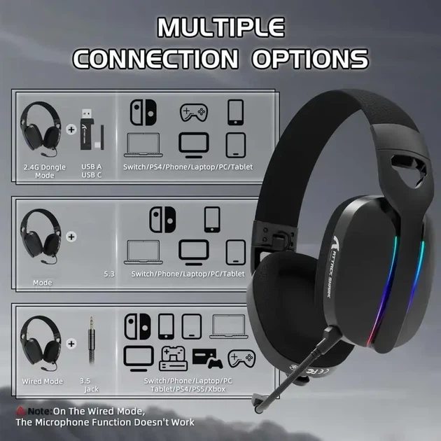 Беспроводные игровые наушники Attack Shark L90 Tri-Mode с микрофоном (Черные, BT/2.4G/AUX, 40 мм) - изображение 2