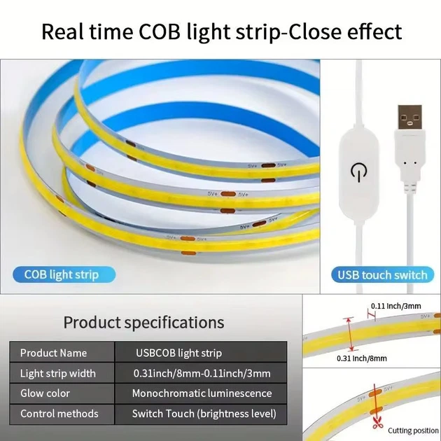 Світлодіодна стрічка COB LED 5м USB 5V 320 діод/м природнє біле світло з сенсорною кнопкою - Фото 7 Світлодіодна стрічка COB LED 5м USB 5V 320 діод/м природнє біле світло з сенсорною кнопкою - зображення 7