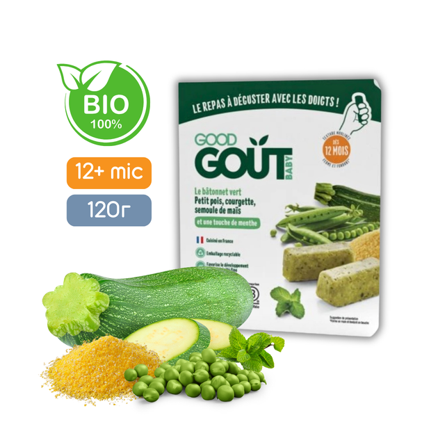 Палочки из овощного пюре Good Gout BIO Горох и цуккини для детей от 12 месяцев, 120 г - Фото 1 Палочки из овощного пюре Good Gout BIO Горох и цуккини для детей от 12 месяцев, 120 г - изображение 1