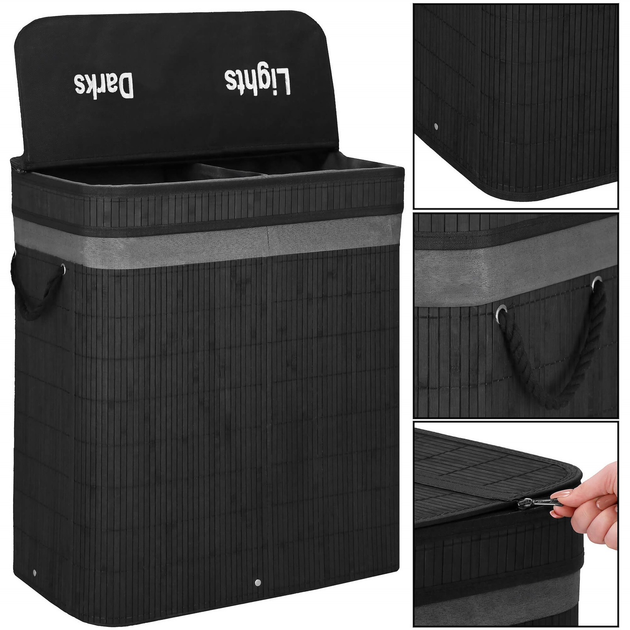Кошик для білизни Springos бамбуковий 2 камери чорний HA0159 (5907719474021) - зображення 3