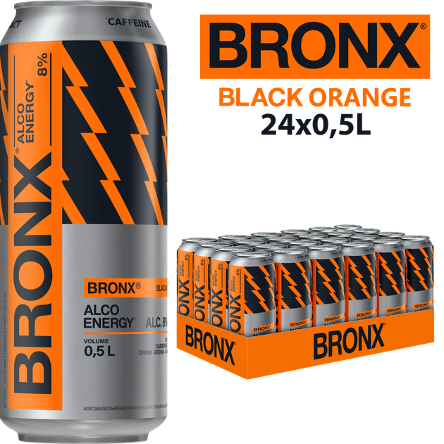Упаковка слабоалкогольного энергетического напитка Bronx Black Orange 8% 0.5 л х 24 шт (4820193036367) - изображение 1