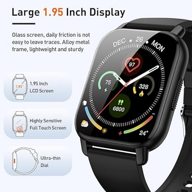 Puqo T80 Смарт-часы, фитнес-часы 1.95 дюйма, 110 спортивных режимов IP68, совместимый с Android iOS, черные - изображение 3