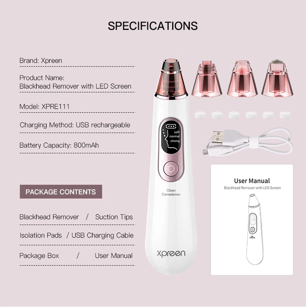 Вакуумный очиститель пор, для профилактики сыпи XPREEN 111 с LED-дисплеем, белый - изображение 4