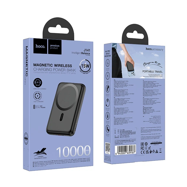 Павербанк HOCO J141 10000mAh 20W с беспроводной зарядкой Qi 15W MagSafe 2в1 Портативный внешний аккумулятор Power Bank с быстрой зарядкой QC3.0+PD20W Black - Фото 5 Павербанк HOCO J141 10000mAh 20W с беспроводной зарядкой Qi 15W MagSafe 2в1 Портативный внешний аккумулятор Power Bank с быстрой зарядкой QC3.0+PD20W Black - изображение 5