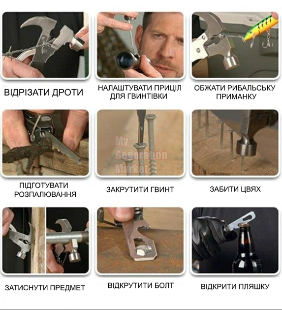 Універсальний мультитул молоток - гвоздодер TACTOOL 18 в 1 - Складаний багатофункціональний інструмент ключ + чохол Чорний - зображення 5