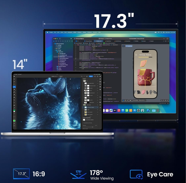 Монітор портативний 17.3" EVICIV 2K IPS 144Гц Б/В - зображення 2