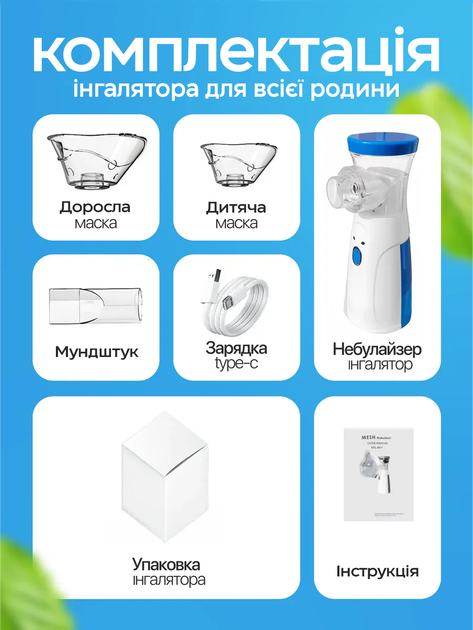 Портативный бесшумный небулайзер MESH Nebulizer "JSL-W302" с меш технологией, ультразвуковой мембранный ингалятор с функцией парового распылителя для дыхания и ингаляций при бронхите для взрослых и детей (Бело-синий / 5V / на батарейках) - изображение 10