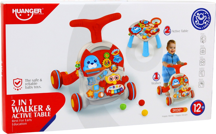 Chodzik-pchacz LEAN Toys 2w1 z panelem interaktywnym i stolikiem Czerwony 17384 (5905991002505) - obraz 1