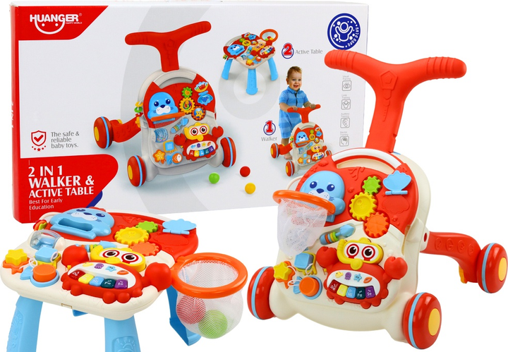 Chodzik-pchacz LEAN Toys 2w1 z panelem interaktywnym i stolikiem Czerwony 17384 (5905991002505) - obraz 2