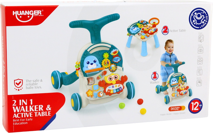 Chodzik-pchacz LEAN Toys 2w1 z panelem interaktywnym i stolikiem Niebieski 17383 (5905991002499) - obraz 1