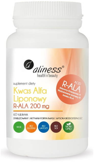 Suplement diety Aliness Kwas Alfa Liponowy R-ALA 200 mg 60 tabletek (5902596935931) - obraz 1