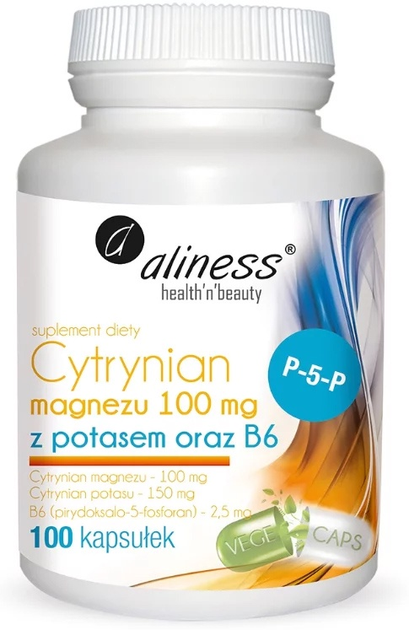 Suplement diety Aliness Cytrynian magnezu 100 mg z potasem i B6 100 kapsułek (5902596935726) - obraz 1