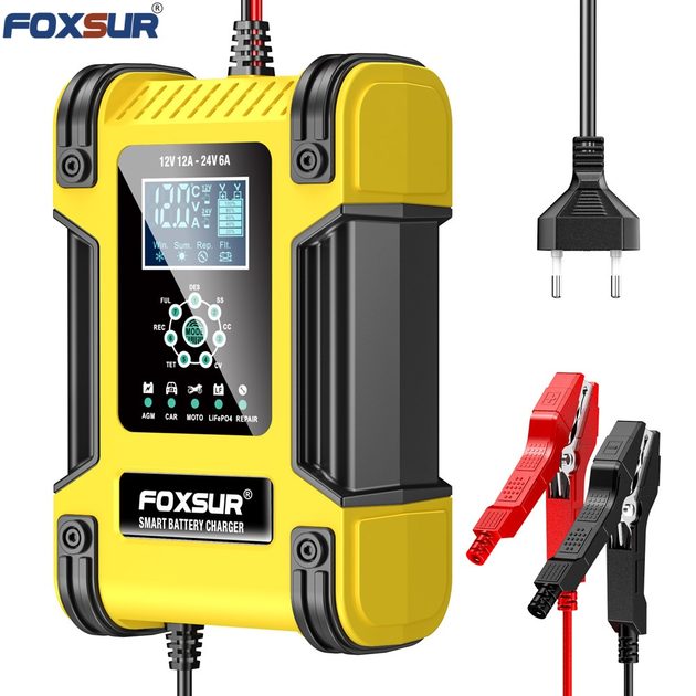 Импульсное зарядное устройство FOXSUR 12V 12A / 24V 6A с дисплеем и функцией восстановления - изображение 2